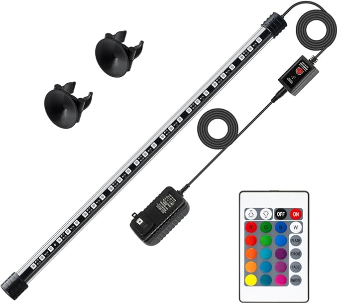LED Aquarium Light with IP68 Waterproof and Memory Function Submersible Fish Tank Light with Remote and 16 Colors 19 Inches Brightness Adjustable Underwater Light Bar for Fish Tank Aquarium
