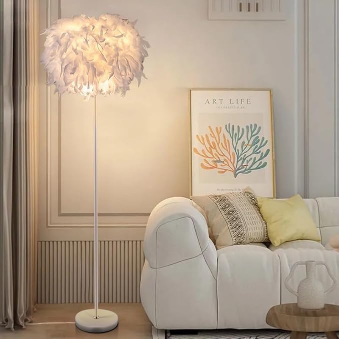Feather Floor Lamp,59in Simple Modern LED Standing Lamp,White Feather Floor Lamp for Bedroom,Living Room,Dining Room and Office(Bulb not Included)