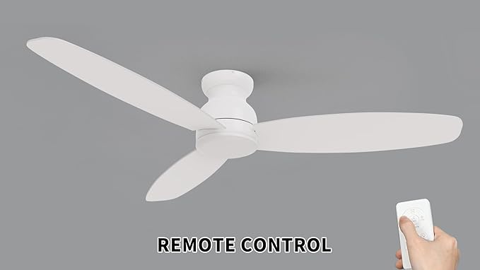 CEME 60 Inch Flush Mount Ceiling Fan without Lights, White Ceiling Fan with Remote Low Profile, 10-Speed Reversible DC Motor, 3 Dual Finish Blades, Indoor for Bedroom