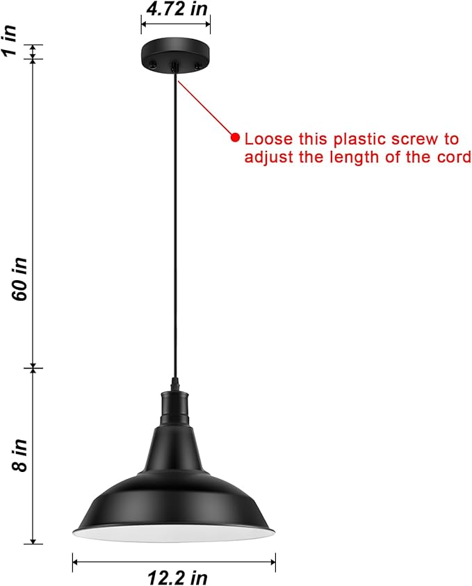 Pendant Light Fixtures, Vintage Farmhouse Hanging Lighting Fixture with Metal Shade, Industrial Barn Lights for Hallway, Kitchen Island, Sink, Dining Room, Living Room, Black, 12.2in