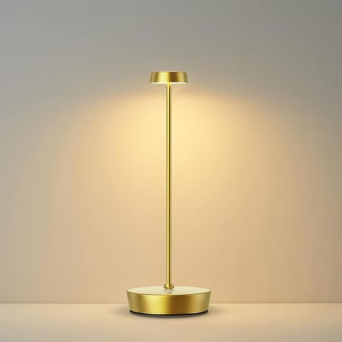 Cordless LED Table Lamp，Rechargeable Battery Desk Lamps, 3 Color Stepless Dimmable Metal Battery Table Lamps, Portable Waterproof Table Light for Indoor/Outdoor/Restaurant (Brass)