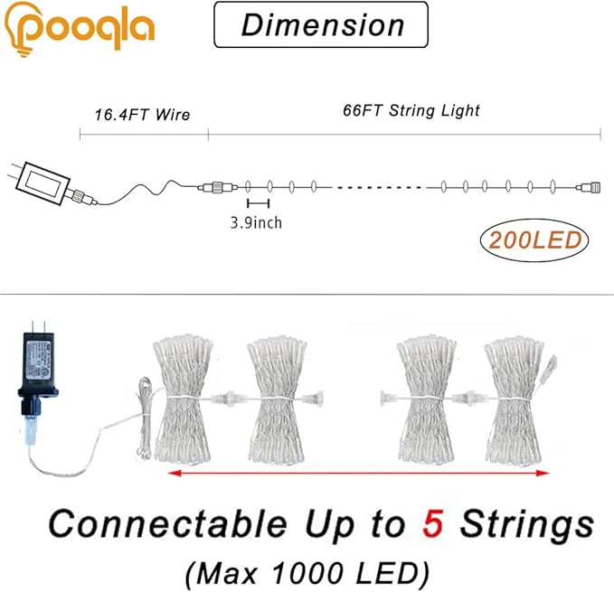 Warm White String Lights Outdoor Christmas Decoration, 66 ft 200 LED Christmas Lights Plug in, Indoor Connectable 8 Modes Clear Wire Twinkle Fairy String Lights for Xmas Tree Bedroom Holiday Party