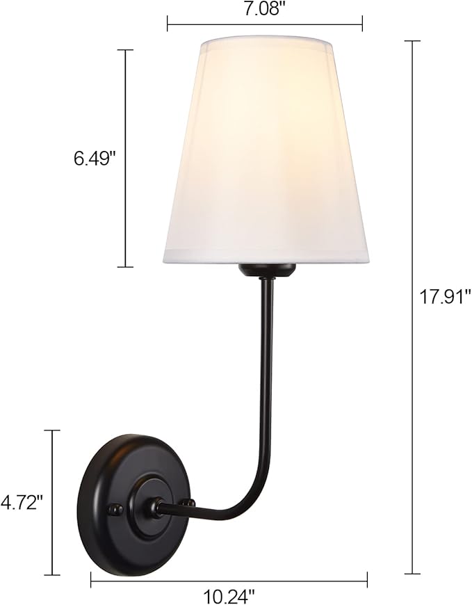 TERLEENART Hardwired Wall Sconce Set of 2 with Flared Shape White Textile Shade Curved Arm and Black Finish Metal Base,Perfect for Bedroom Living Room Bathroom Vanity Area