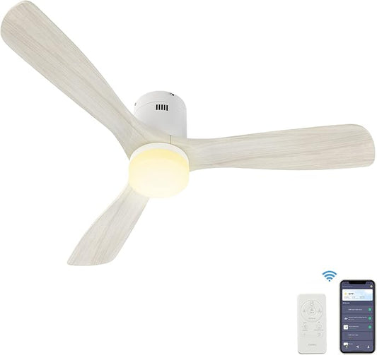 SMAAIR 52 Inch Flush Mount Smart Ceiling Fan with Dimmable Led Light, 3 Carved Wood Blades Modern Low Profile Ceiling Fans Compatible with Alexa,Remote Control,Timer & Schedule Function,White
