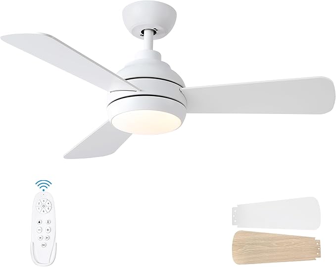 42 Inch Ceiling Fans with Lights and Remote, Modern White Ceiling Fan with Light, DC Reversible, 6 Speeds, 3CCT, Dimmable, 3 blades, Bedroom, Indoor/Outdoor Patios Use