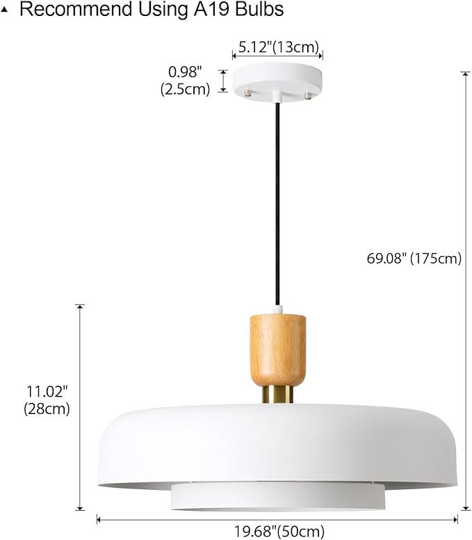 Modern Large Pendant Light 19.68 inch, 2 Tiers Matte White Shade, Natural Wood and Brass Accent, Mid Century Chandelier for Dining Room,Kitchen,Living Room