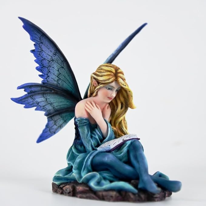 Fantasy Reading Fairy Figurine - Blue Gradient Wings Elf Statue with Book, Cozy Resin Decor for Desk, Study & Fairy Garden (15.5cm)