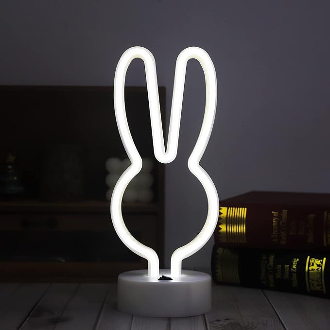 Curyidy Neon Signs Rabbit Spring Lights, East Bunny Marquee Lights with Base Art Decorations Battery/USB Operated Night Lights for Christmas, Halloween, Easter Day Decor (Rabbit-White)