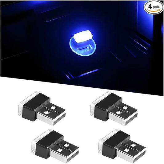 4PCS/Set USB LED Car Interior Atmosphere Lamp, Portable Mini Vehicle LED Night Light, Plug-in USB Interface Automotive Interior Ambient Lighting Kit Accessories, Universal Fit (Blue)