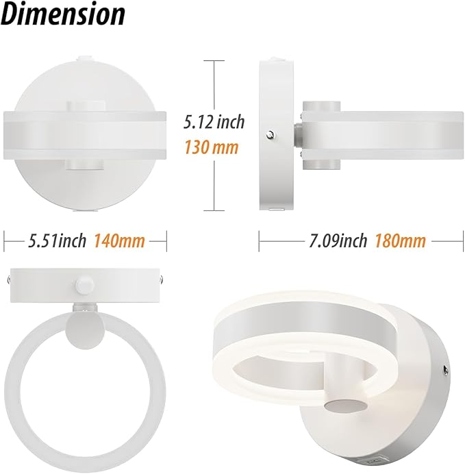 Wall Lamp LED Wall Sconce Rotatable Up-Down Sconces Wall Lighting with Built-in Switch and USB Charging Port 110 Volt AC Hardwired Wall Light (White,2 Pack)