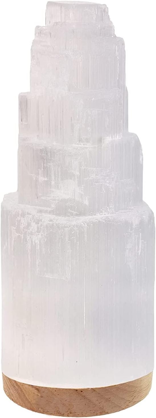 Selenite Crystal Lamp, 20 cm Tall, High Energy Skyscraper Lamp with Wooden Base & USB Charging Cable, ETL Certified, Hand Curved Selenite for Spiritual Protection and Therapy