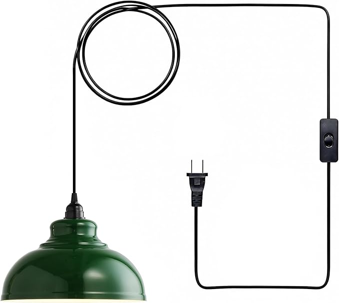 Plug in Pendant Light: Green Hanging Lamp Plug in, 14.7ft Swag Lamp Cord with On/Off Switch for Kitchen Island/Dining Room/Bedroom/Living Room Hanging Light, No Bulb