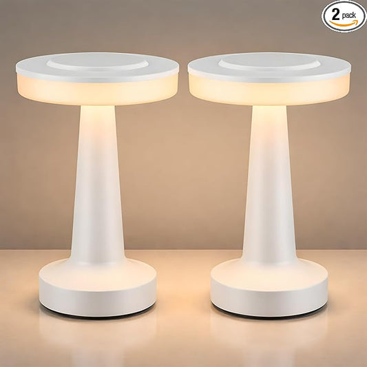 Riakrum 2 Pcs LED Portable Cordless Table Lamp with Touch Sensor 3 Color Stepless Dimming Rechargeable Battery up to 15 Hours Cordless Table Light Wireless Lamp for Nursery (White)