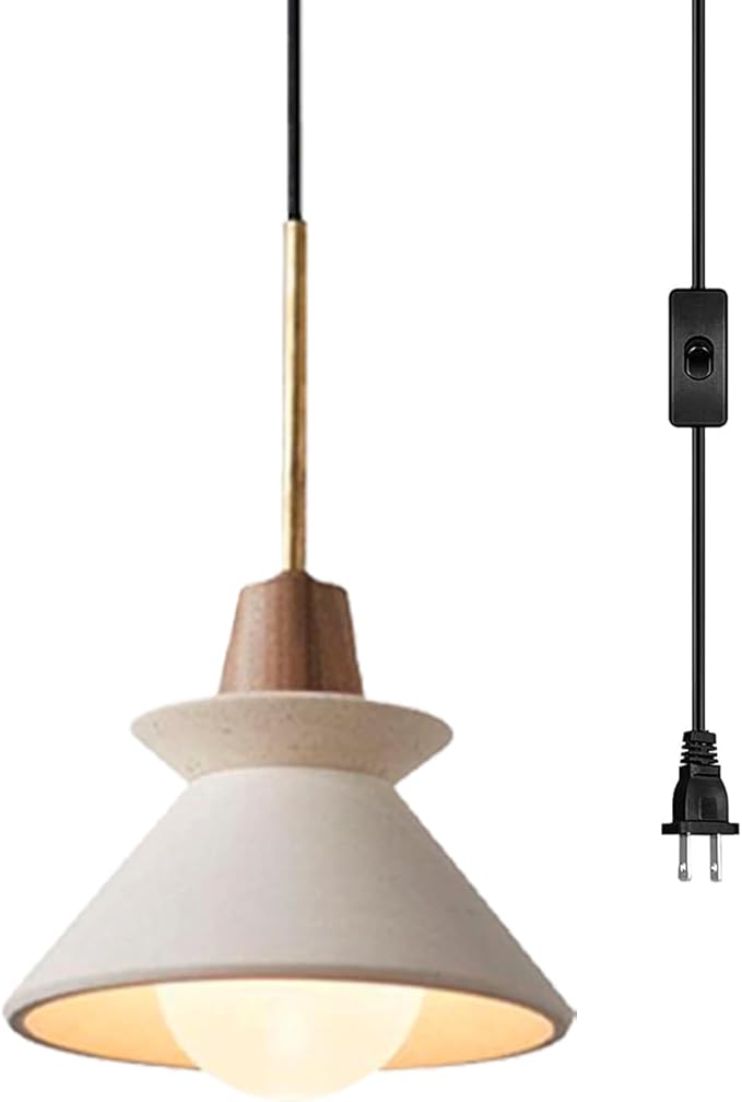 7.7" Plug in Concrete Pendant Light, Nordic Wabi Sabi Pendant Lamp with Wood Accent White Cement Pendant Light Minimalist Lamp for Living Room Bedside Kitchen Island Dining Room Apartment Dorm