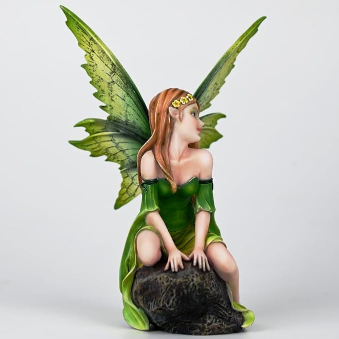 Fantasy Forest Green Fairy Figurine - Gradient Leaf Wings Elf Statue, Hand-Painted Resin Decor for Natural Garden, Desk & Shelf (15.5cm)