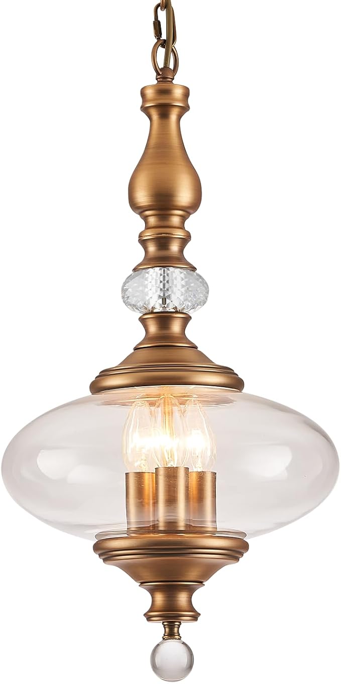 Vintage Kitchen Island Pendant Light Antique Brushed Brass Glass Pendant Light for Kitchens, Dining Rooms Stairs W 11.8 in. H 23.6 in.