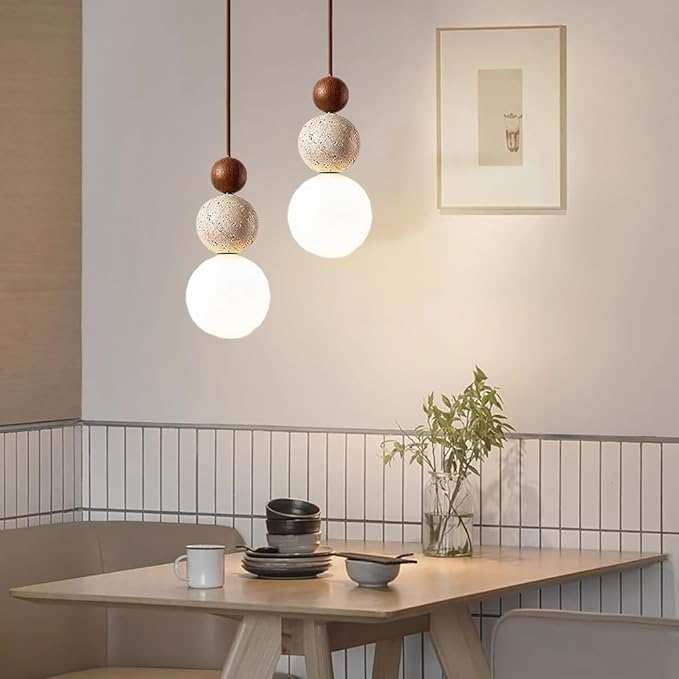 Natural Stone & Wood Pendant Light Fixture | Spherical Milk Glass Hanging Lamp | Modern Organic Ceiling Light | Adjustable Bedside Suspension Light for Dining Room, Kitchen Island, Bedroom(Walnut)