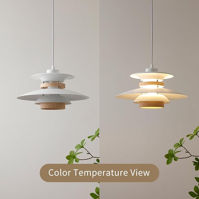 Modern Decor Adjustable Pendant Lamp Kitchen Island, Aluminum and Wood Finish,1-Light E26 Base Ceiling Hanging Light for Dining Room Shop Restaurant (White+Light Wood Grain, 40cm)