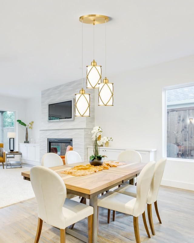 Brushed Gold Pendant Light Fixtures, 3-Light Dining Room Chandeliers with Frosted Glass, Modern Cluster Hanging Pendant Lighting for Kitchen Island Sink Bedroom, CH9176BGW3
