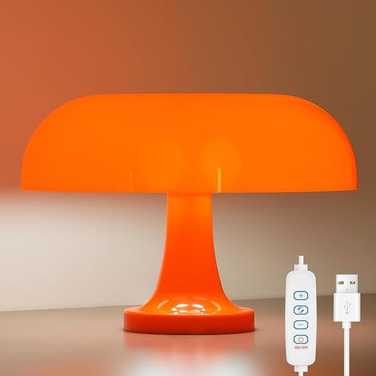 Orange Bedside Lamp for Bedroom Nightstand, Retro Mushroom Table Lamp with 3 Lighting Color and 10 Brightness Level, Desk Lamp for Reading Room/Office/Dorm(W11'' x H7.67'', USB Powered)