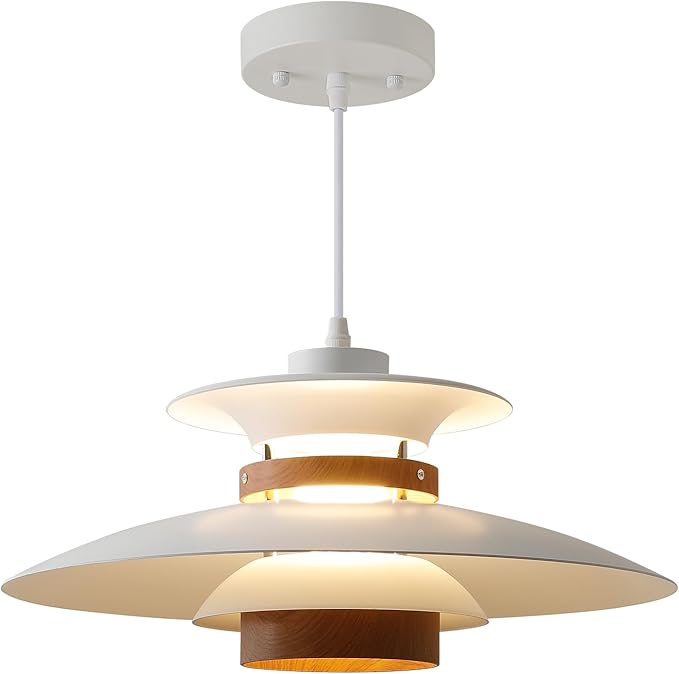 Modern Decor Adjustable Pendant Lamp Kitchen Island, Aluminum and Wood Finish,1-Light E26 Base Ceiling Hanging Light for Dining Room Shop Restaurant (White+Dark Wood Grain, 35cm)