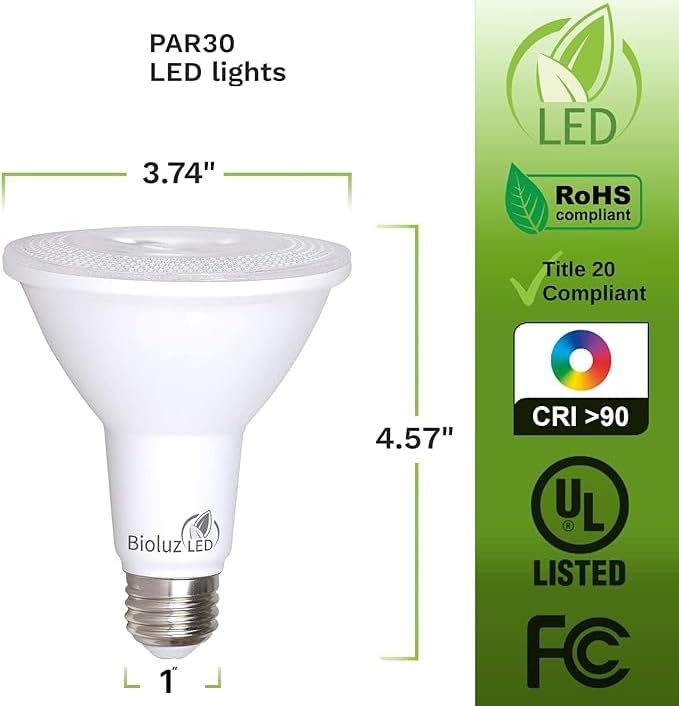 Bioluz 8-Pack PAR30 LED Light Bulbs, 10W = 100W Replacement, 5000K Daylight, 90 CRI, Dimmable, Outdoor Flood Lights, Indoor Spot Lights, UL Listed, Title 20 Compliant