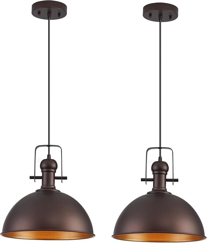 12 Inch Oil Rubbed Bronze Farmhouse Pendant Lights Large Pendant Lights for Kitchen Island Industrial Adjustable Height Vintage Big Dome Hanging Light Fixtures for Barn, Dining Room 2 Packs