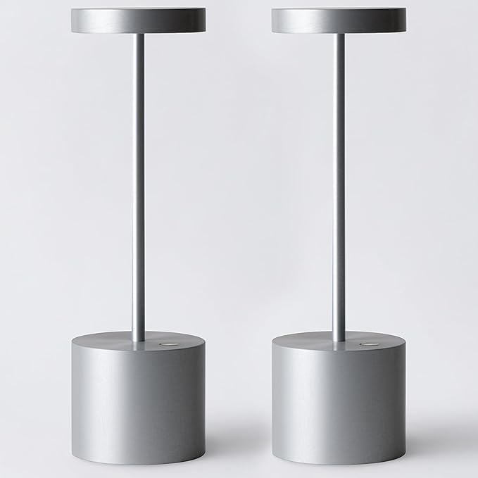 2 Pack Cordless Rechargeable Table Lamp, 3 Color Temperature & Dimmable, IP54 Waterproof Battery Operated Portable LED Light for Outdoor, Patio, Restaurant, Bedside, Shower(Silver)
