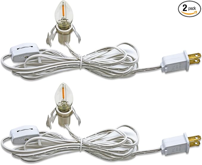 Set of 2 Accessory Cord with 2 C7 Led Light Bulb 6Ft Light IndoorString Lights, Candelabra-Base E12 Socket C7 Lamp for Halloween and Christmas Decorations, Craft Village House Decoration