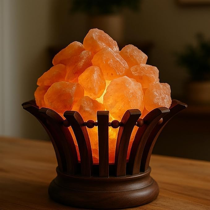 Himalayan Pink Salt Lamp with Wood Base, 6" Height x 9" Diameter, 8.4 lb, Night Light