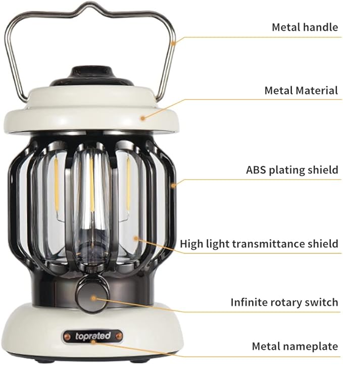 Outdoor Retro USB Rechargeable Camping Lantern Camping Tent Light LED Portable Lantern Garden Light Camping Atmosphere Decorative Chandelier (White)