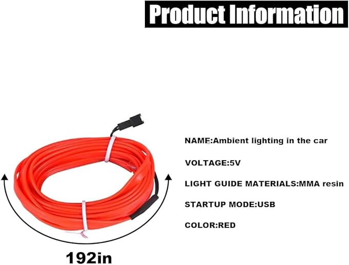 EL Wire Interior Car LED Strip Lights, USB Car Neon Light Strip with Sewing Edge, 16FT Neon Light 5V with Fuse Protection, Electroluminescent Car Indoor Decorations (Red)