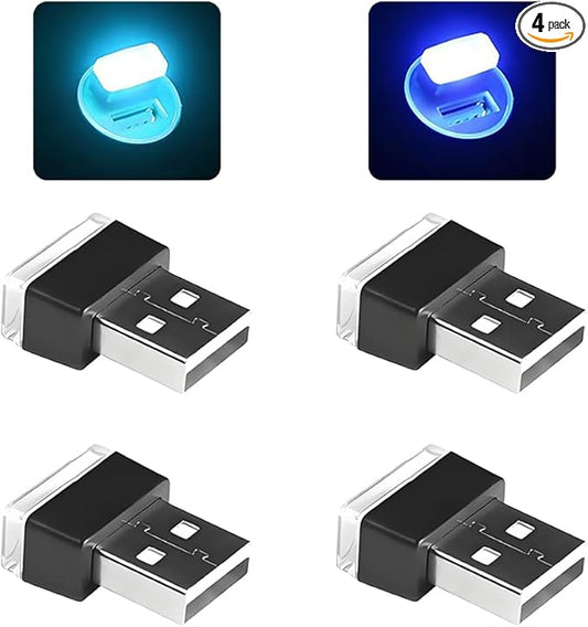 4PCS/Set USB LED Car Interior Atmosphere Lamp, Portable Mini Vehicle LED Night Light, Plug-in USB Interface Automotive Interior Ambient Lighting Kit Accessories, Universal Fit (Blue+Ice Blue)