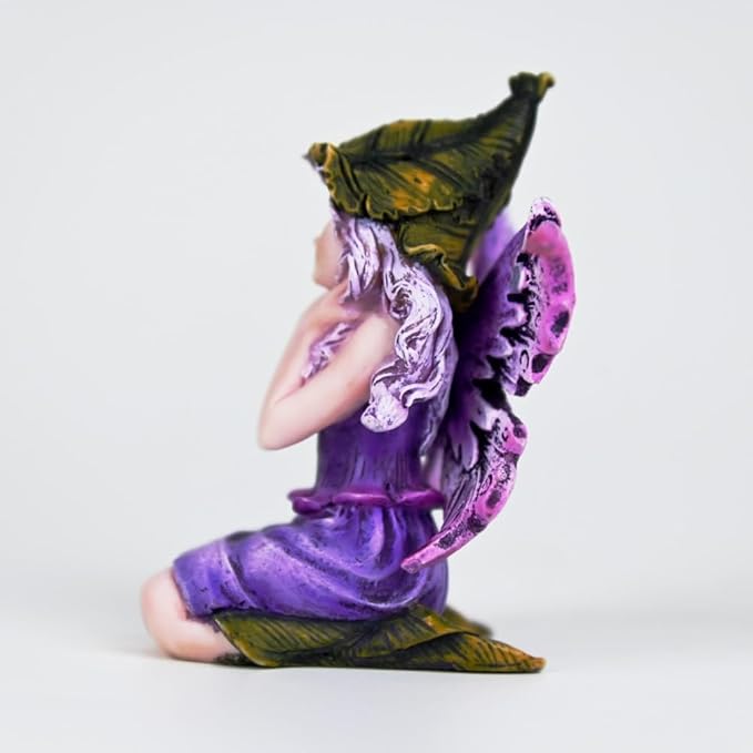 Fantasy Leaf-Hat Daydream Fairy Figurine, 8cm Purple Gradient Wings Elf Statue, Hand-Painted Resin Decor for Desk, Mini Fairy Garden & Shelf