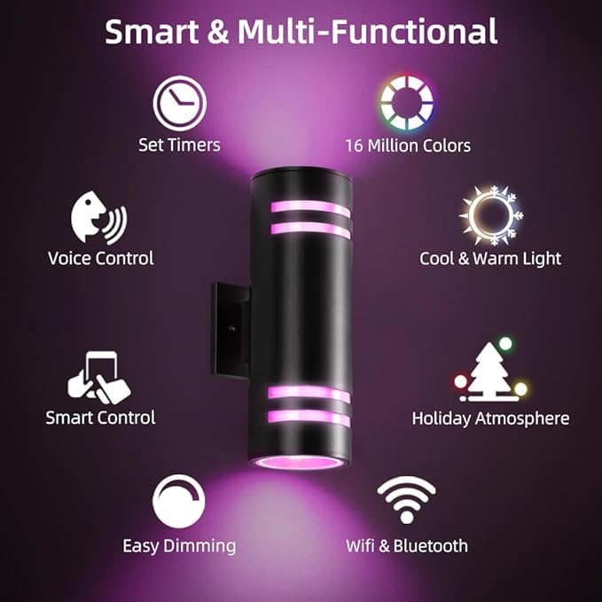 SHIMR Modern RGBCW Outdoor Wall Lights 2 Pack, Color Changing Outdoor Sconce Lights with APP Control, Black Cylinder Exterior Lighting Fixtures Aluminum Up Down Outside Lights for House [ETL Listed]