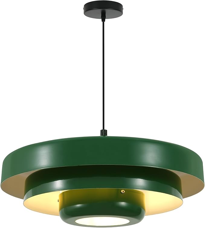Large Green Pendant Light, 3-Layer Metal Mid Century Modern Chandelier, Vintage Farmhouse Hardwired Ceiling Fixture for Dining Room and Living Room