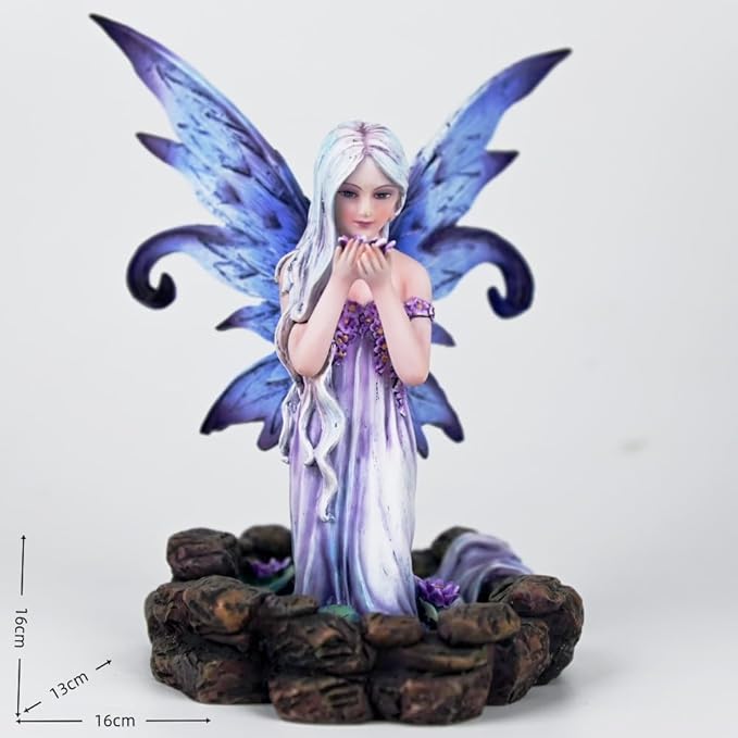Fantasy Blue-Purple Flower-Holding Fairy Figurine, 16cm Gradient Wings Elf Statue, Hand-Painted Resin Decor for Ritual Space, Vanity & Garden