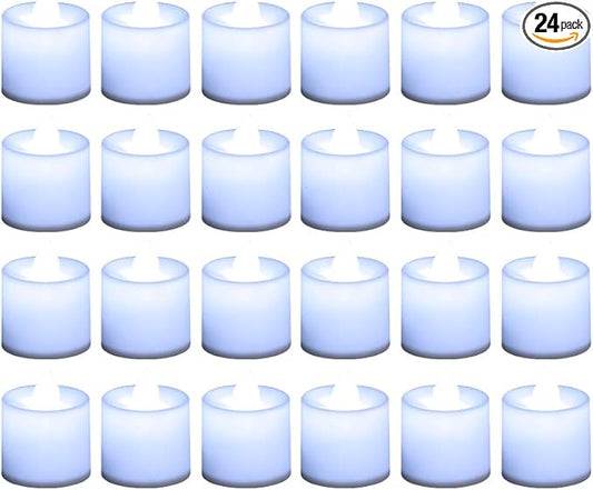 LANKER 24 Pack Flameless Led Tea Lights Candles, Steady Cool White Battery Operated Electronic Fake Candles, Decorations for Christmas, Halloween and Festival Celebration (White)
