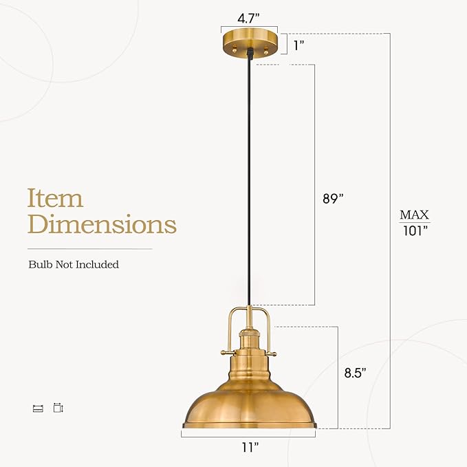 zeyu 2 Pack Farmhouse Pendant Lights, 11-inch Industrial Ceiling Pendant Light Fixture with Metal Dome Shade, Gold Finish, 016-1-2PK BG