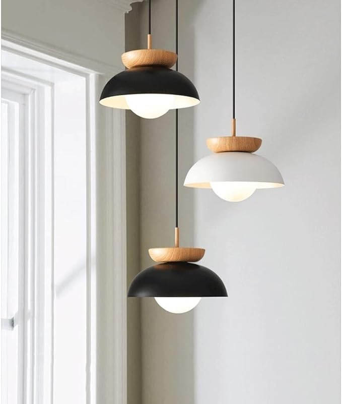 Scandinavian Modern Nordic Pendant Light with Wood Accent, Metal Dome & Frosted Globe Diffuser Suspension for Dining Table, Kitchen Island, Bedroom, Café and Entryway(White)