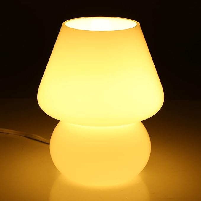 Mushroom lamp,Glass Mushroom Bedside Table Lamp Translucent Murano Vintage Style Striped Small Nightstand Desklamp Swirl Light for Home Decor, Dining, Living, Bedroom, Gift (Matte White)