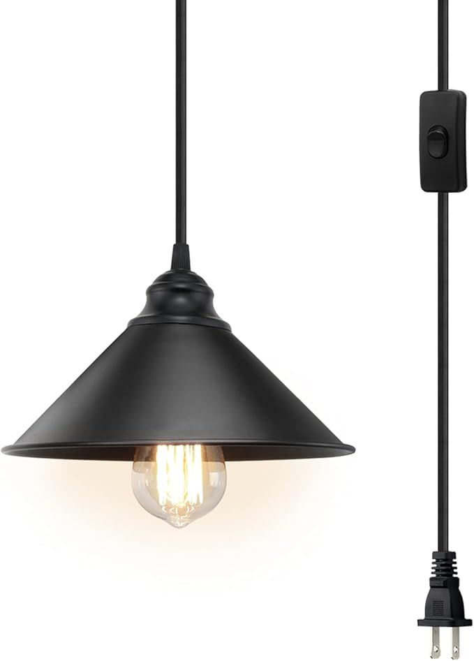 Plug in Pendant Light, Industrial Hanging Light with Plugin Cord On/Off Switch, Farmhouse Pendant Lights with Plug-in Cord, Vintage PendantLight Fixture, Hanging Lamps