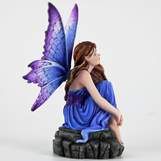 Fantasy Blue-Purple Fairy Figurine, 6.1 Inch Gradient Wings Elf Statue, Hand-Painted Resin Decor with Rock Base for Indoor, Garden, Desk