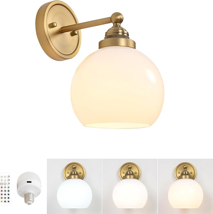 HEQIQEH Vintage Rechargeable Battery Operated Wall Sconce with Milky White Globe Glass Shade, Dimmable Cordless Wall Mounted Lamp with Remote Control for Indoor Bedroom Vanity Bathroom