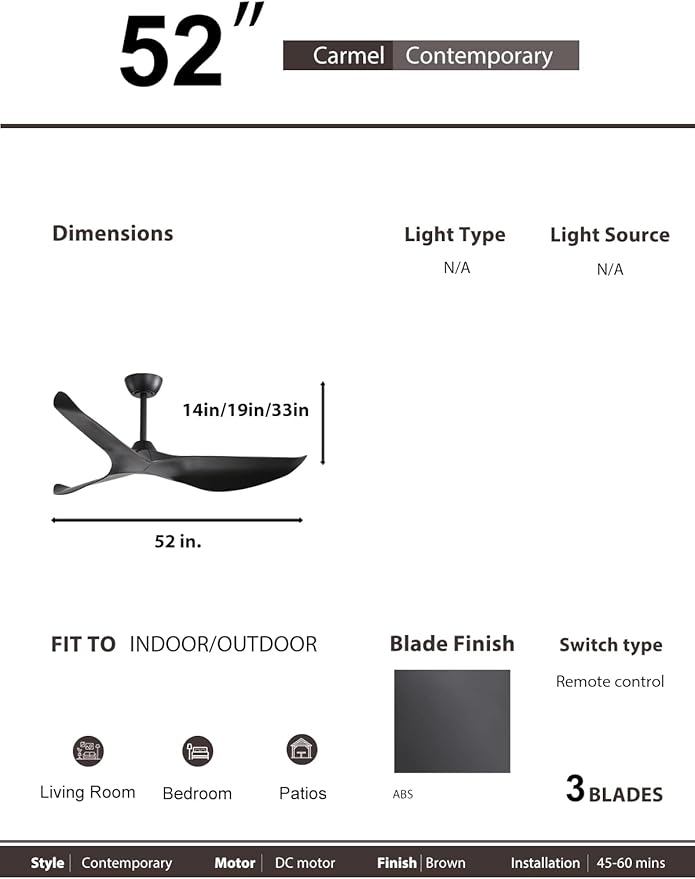 Sofucor Ceiling Fan no Lights, 52 Inch Mordern Black Ceiling Fan Without Light with Remote for Indoor Farmhouse Bedroom Living Room Outdoor Patio Porch, Reversible DC Motor