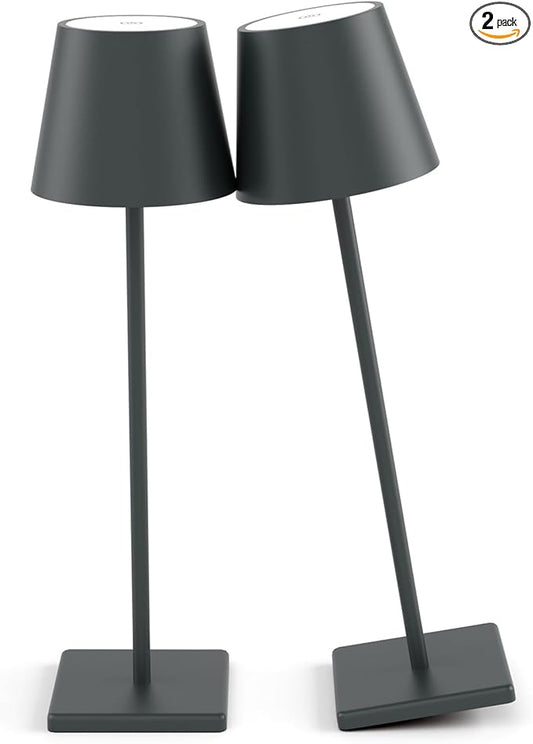 2 Packs LED Cordless Table Lamp, Rechargeable Battery Desk lamp 5000mAh Battery Operated Stepless Dimming Modern Portable Table Light for Restaurant/Table/Bedroom/Outdoor IP54 Waterproof (Anthracite)