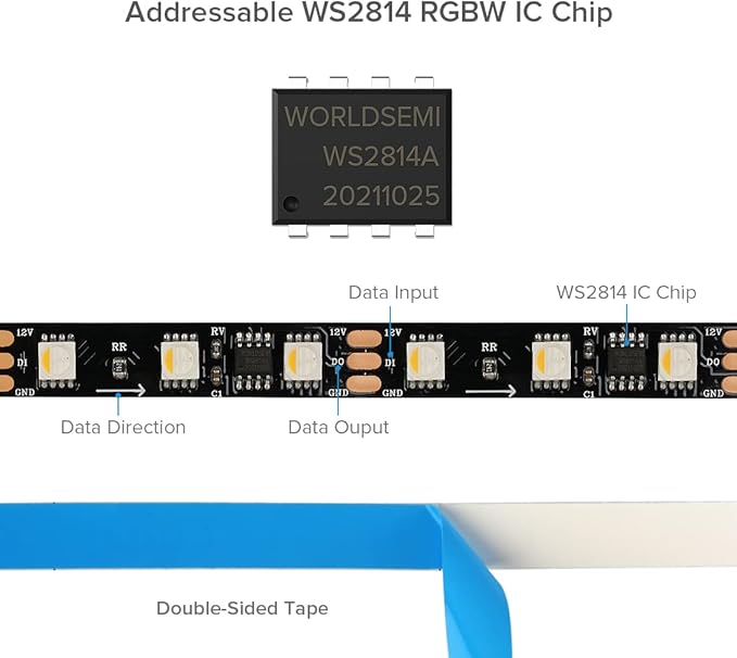 BTF-LIGHTING WS2814 IC RGBW RGB+Cool White (Similar WS2812B) Addressable DC12V 16.4FT 60LED/m 20pixel/m Flexible 4 Colors in 1 Dream Color LED Strip IP65 for Home Decor (No Adapter or Controller)