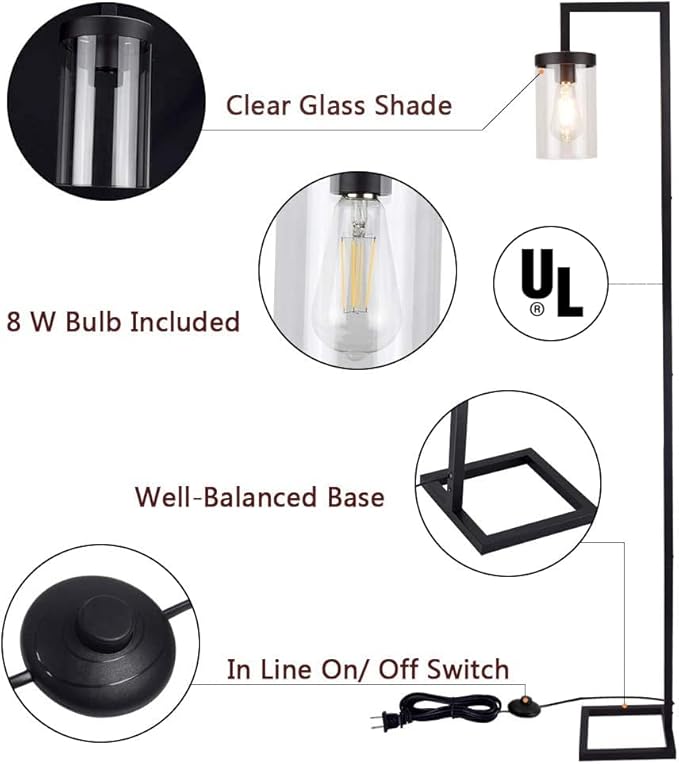 Depuley Industrial Floor Lamp, Modern Metal Standing Lamp with Hanging Glass Shade, Rustic Farmhouse Tall Pole Reading Lighting for Living Room Bedroom Office, 8W LED E26 Bulb Included, Black