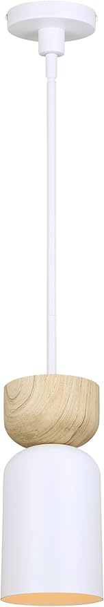Canarm Caleb 1-Light Pendant Light, Matte White with Faux Wood Accent, Adjustable Rod Height, Minimalist Modern Lighting for Kitchen Island, Dining Room or Entryway