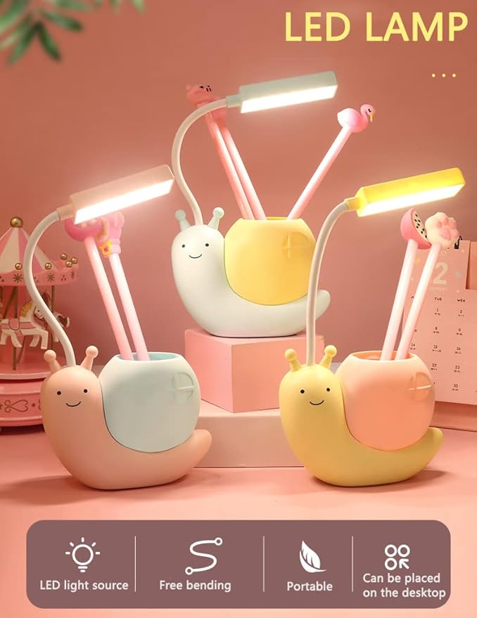 Cute Kids Lamp with Pen Holder,LED Desk Lamp for Child,Snail Shape USB Charging Student Learning Eye Protection Lamp with 360° Bendable Adjustable Neck Yellow